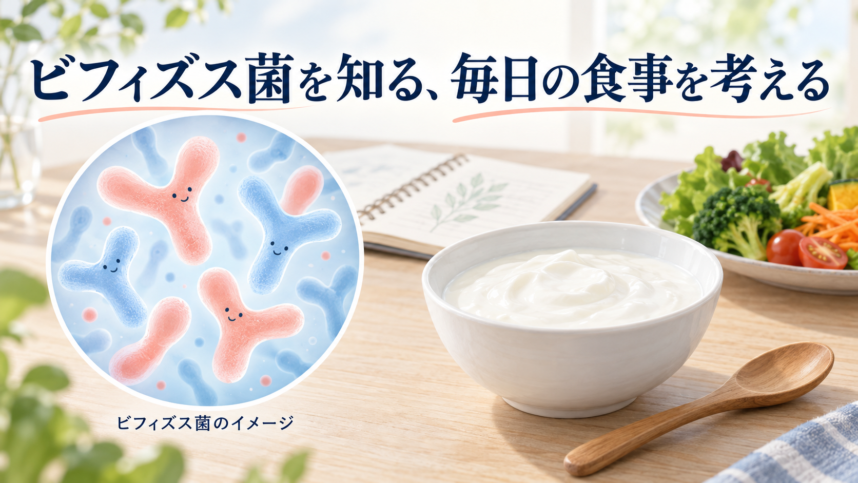ビフィズス菌の模式イラストとヨーグルト。毎日の食事を考えるイメージ
