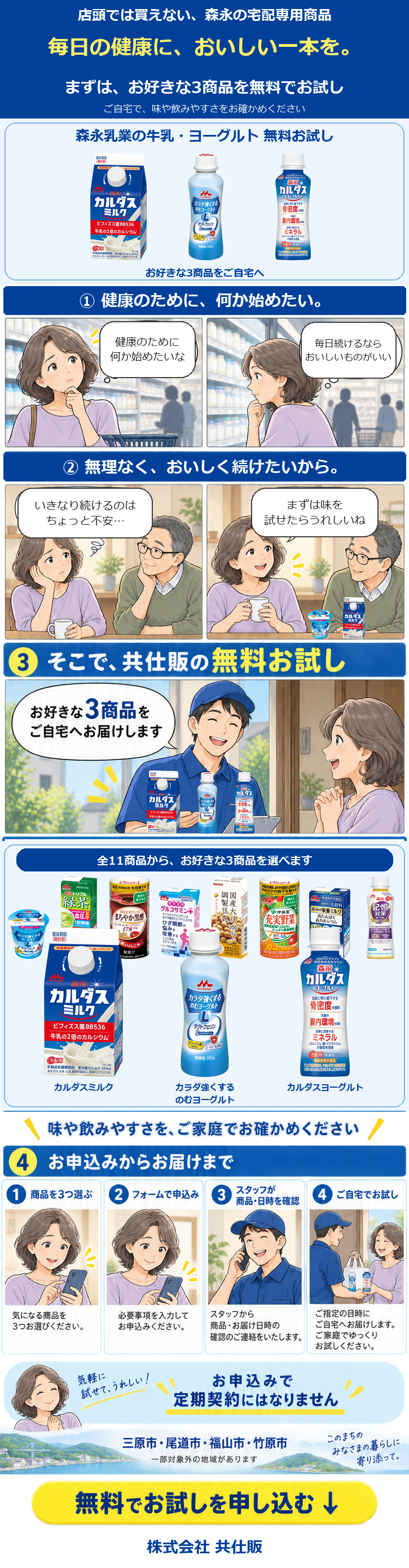 店頭では買えない森永の宅配専用商品。毎日の健康に、おいしい一本を。全11商品からお好きな3商品を無料でお試し。フォームで申込み、スタッフが商品と日時を確認し、ご自宅へお届けします。申込みで定期契約にはなりません。三原市・尾道市・福山市・竹原市、一部対象外地域あり。