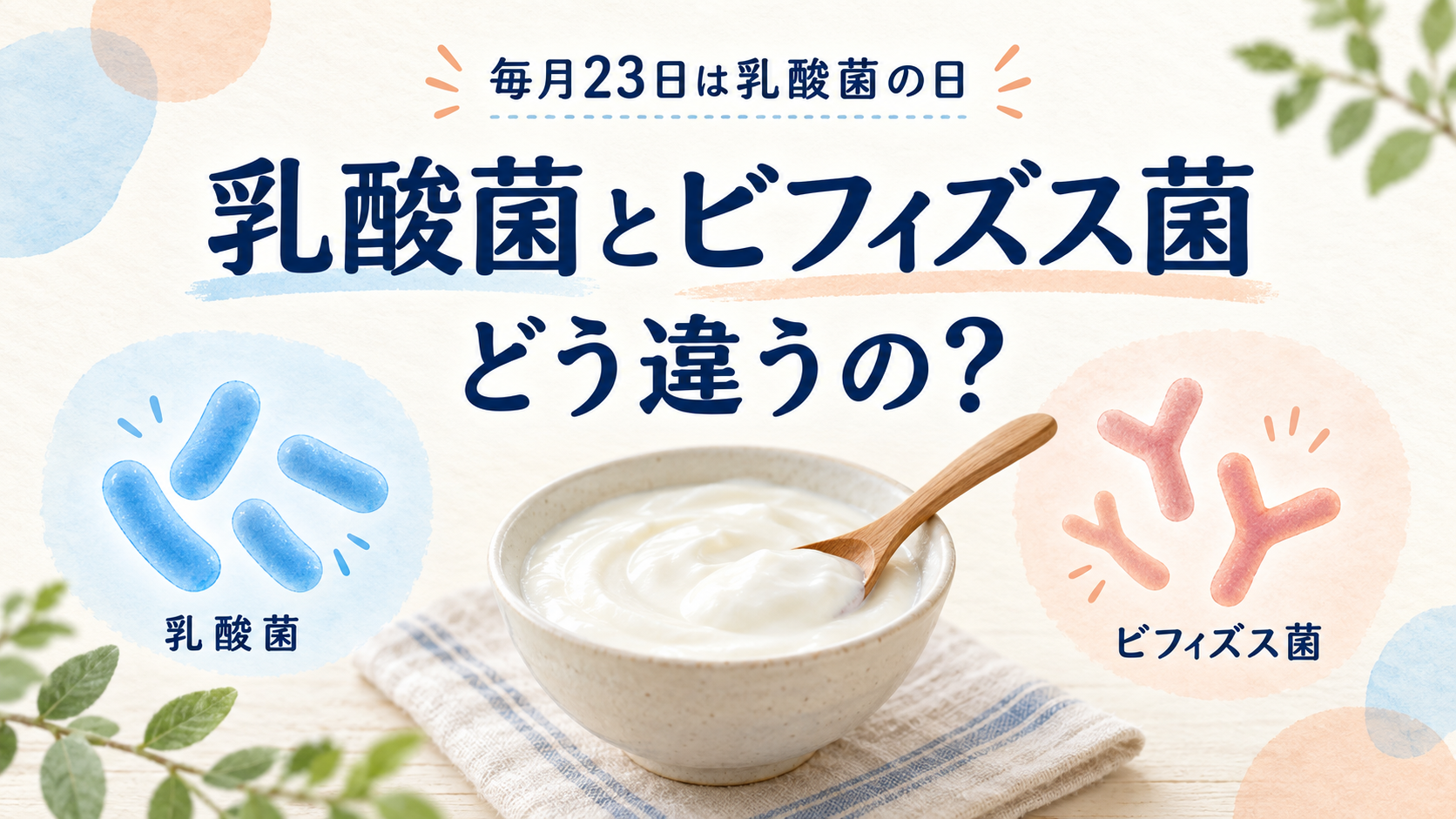 毎月23日は乳酸菌の日。乳酸菌とビフィズス菌、どう違うの? ヨーグルトと2種類の菌を描いたイメージ