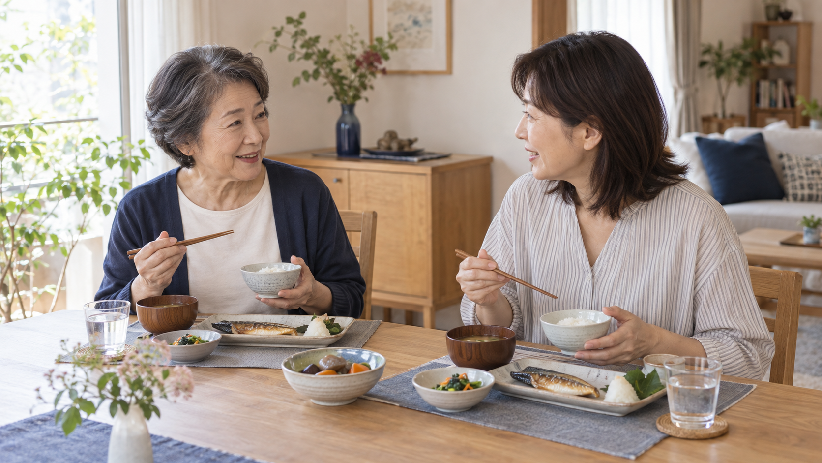 食卓でごはんと魚、野菜料理を囲んで会話する二人の女性(イメージ)